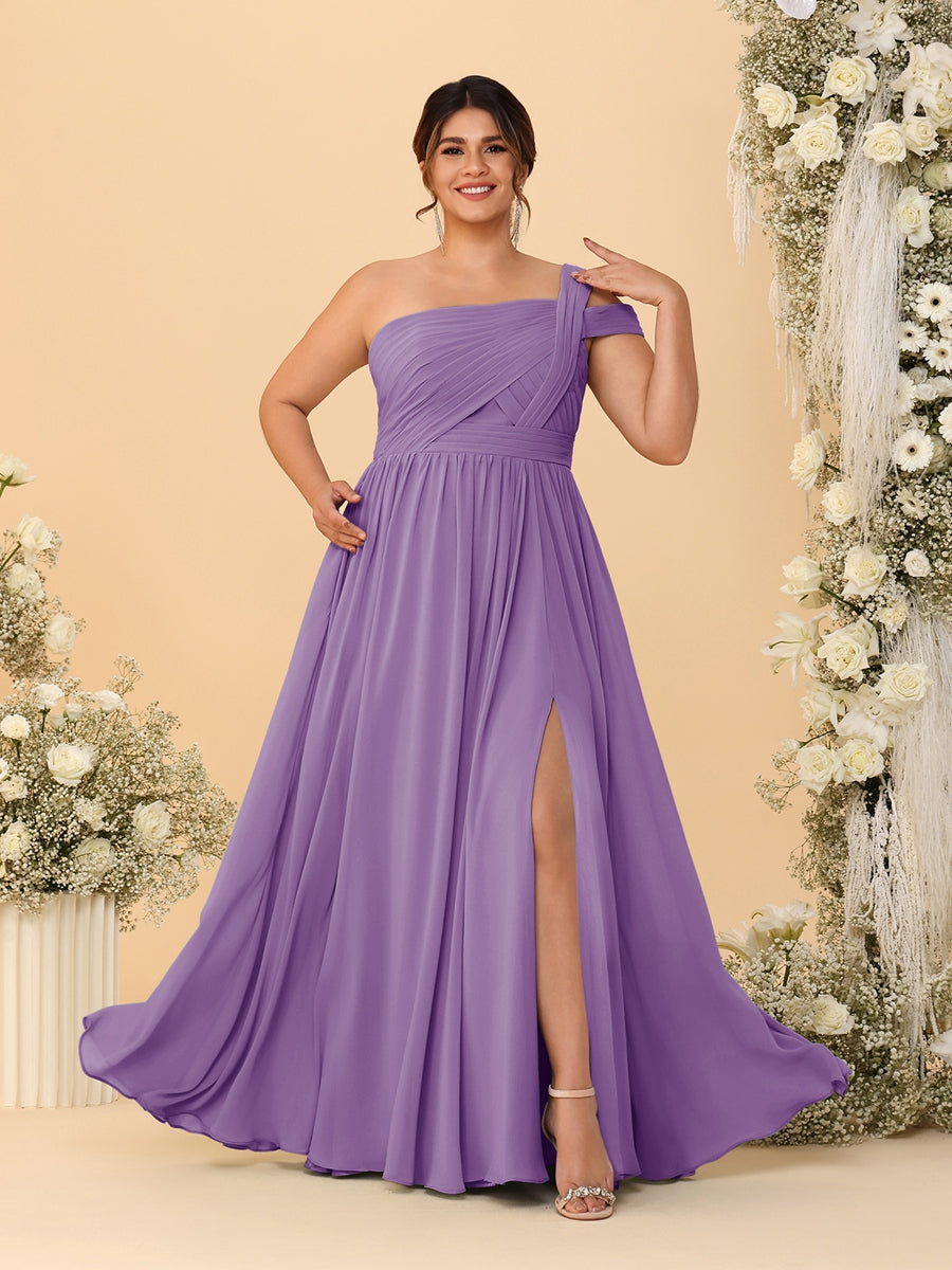 A-Line/Princess One-Shoulder Sleeveless Floor-Length Ruched Plus Size Bridesmaid Dresses With Side Slit - 画像 (42)