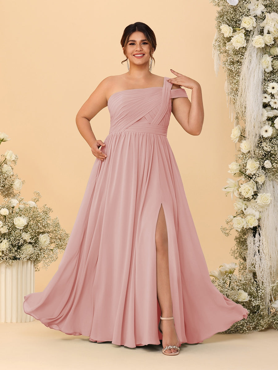 A-Line/Princess One-Shoulder Sleeveless Floor-Length Ruched Plus Size Bridesmaid Dresses With Side Slit - 画像 (43)