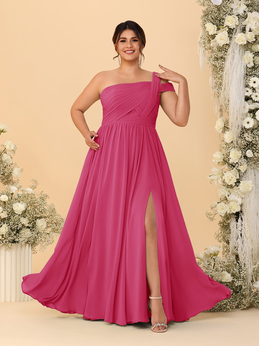A-Line/Princess One-Shoulder Sleeveless Floor-Length Ruched Plus Size Bridesmaid Dresses With Side Slit - 画像 (45)