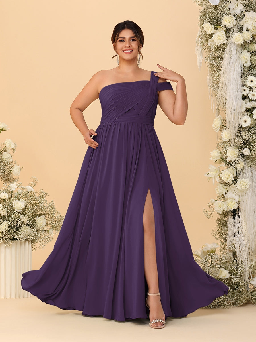A-Line/Princess One-Shoulder Sleeveless Floor-Length Ruched Plus Size Bridesmaid Dresses With Side Slit - 画像 (16)