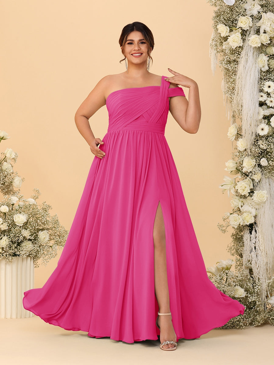 A-Line/Princess One-Shoulder Sleeveless Floor-Length Ruched Plus Size Bridesmaid Dresses With Side Slit - 画像 (48)