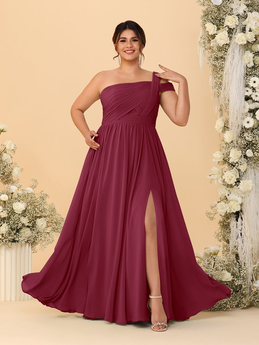 A-Line/Princess One-Shoulder Sleeveless Floor-Length Ruched Plus Size Bridesmaid Dresses With Side Slit - 画像 (19)