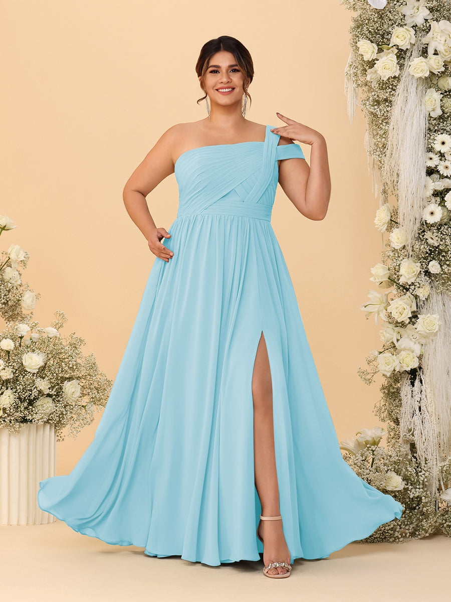 A-Line/Princess One-Shoulder Sleeveless Floor-Length Ruched Plus Size Bridesmaid Dresses With Side Slit - 画像 (52)