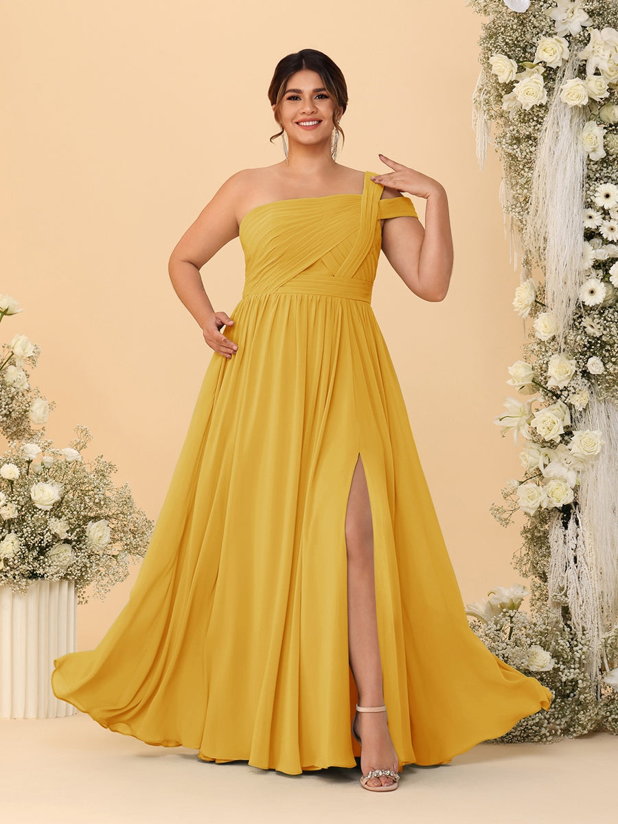 A-Line/Princess One-Shoulder Sleeveless Floor-Length Ruched Plus Size Bridesmaid Dresses With Side Slit - 画像 (56)