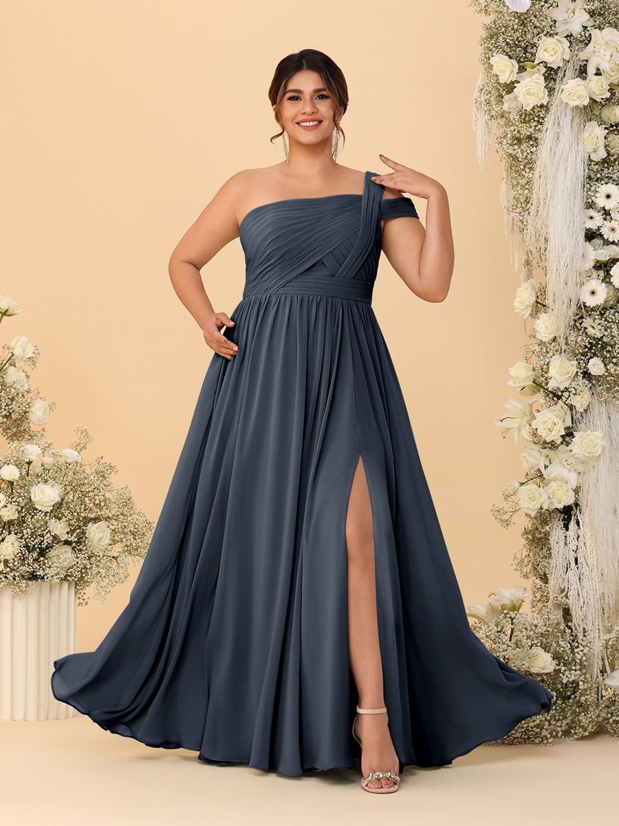 A-Line/Princess One-Shoulder Sleeveless Floor-Length Ruched Plus Size Bridesmaid Dresses With Side Slit - 画像 (57)