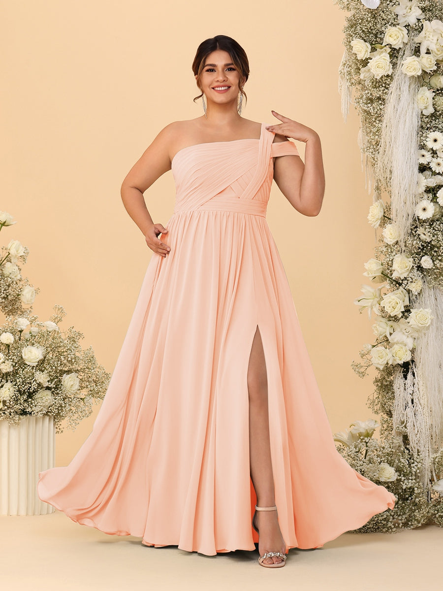 A-Line/Princess One-Shoulder Sleeveless Floor-Length Ruched Plus Size Bridesmaid Dresses With Side Slit - 画像 (25)