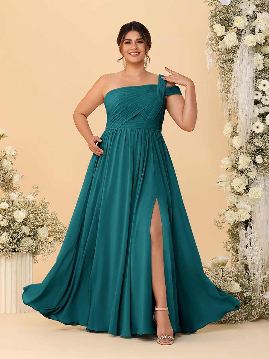 A-Line/Princess One-Shoulder Sleeveless Floor-Length Ruched Plus Size Bridesmaid Dresses With Side Slit - 画像 (62)