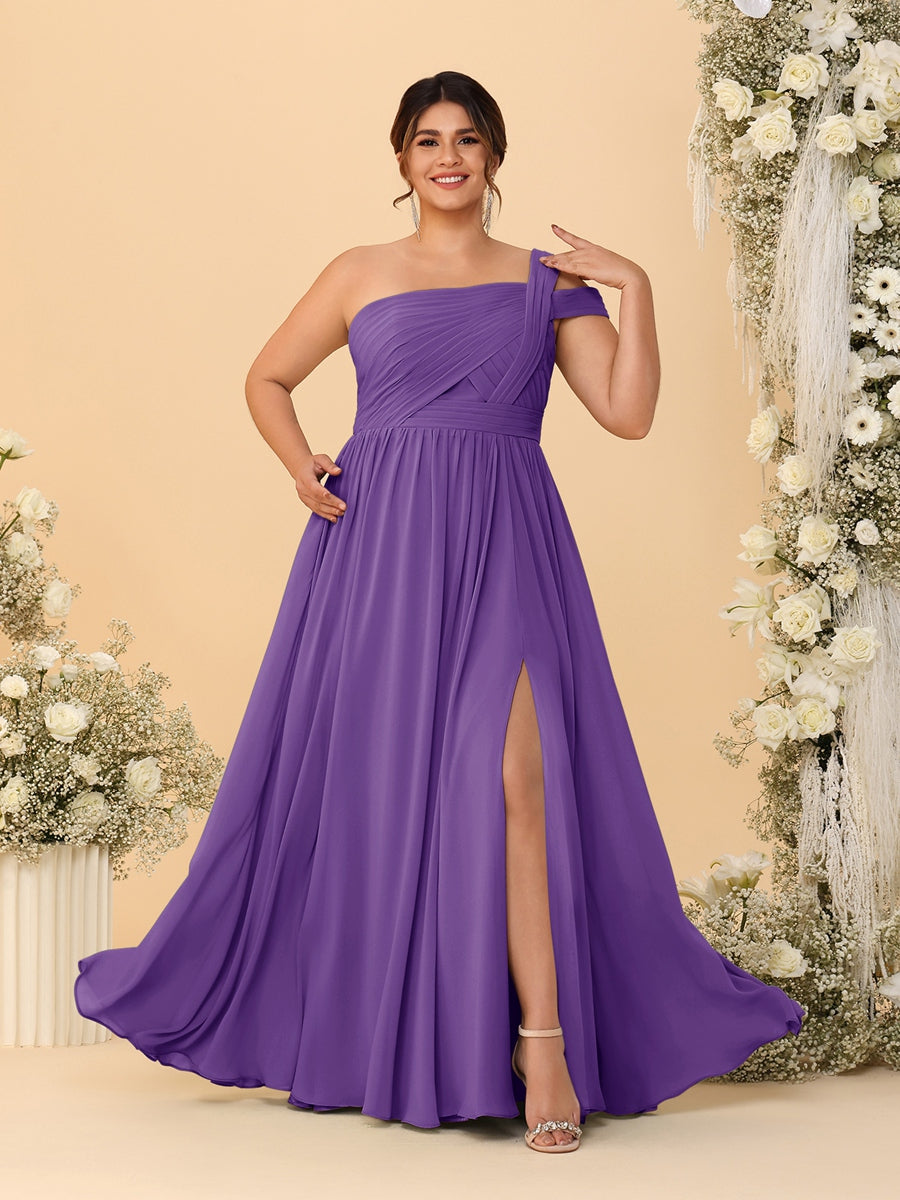 A-Line/Princess One-Shoulder Sleeveless Floor-Length Ruched Plus Size Bridesmaid Dresses With Side Slit - 画像 (64)