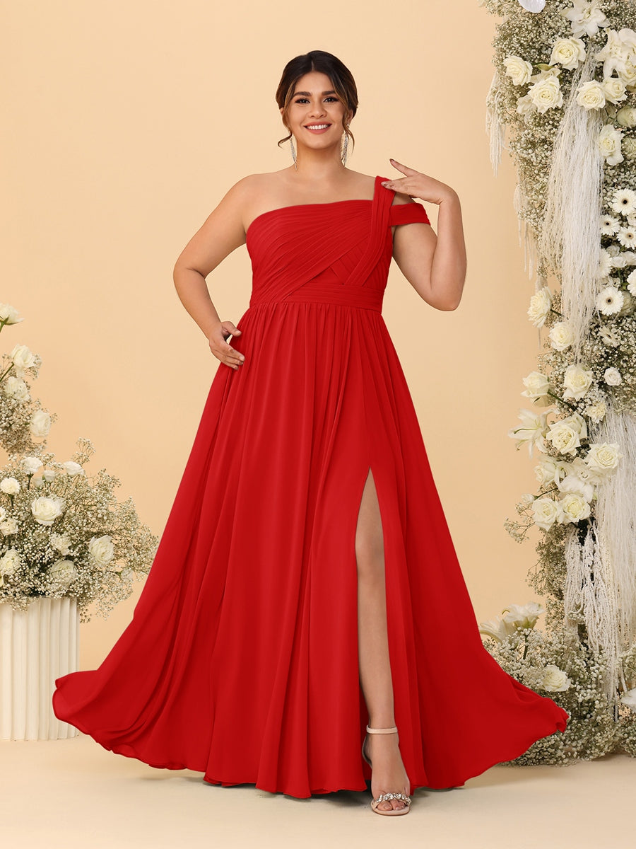 A-Line/Princess One-Shoulder Sleeveless Floor-Length Ruched Plus Size Bridesmaid Dresses With Side Slit - 画像 (28)