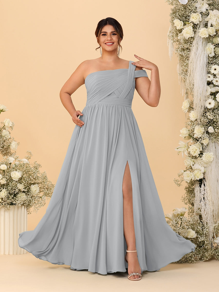 A-Line/Princess One-Shoulder Sleeveless Floor-Length Ruched Plus Size Bridesmaid Dresses With Side Slit - 画像 (69)