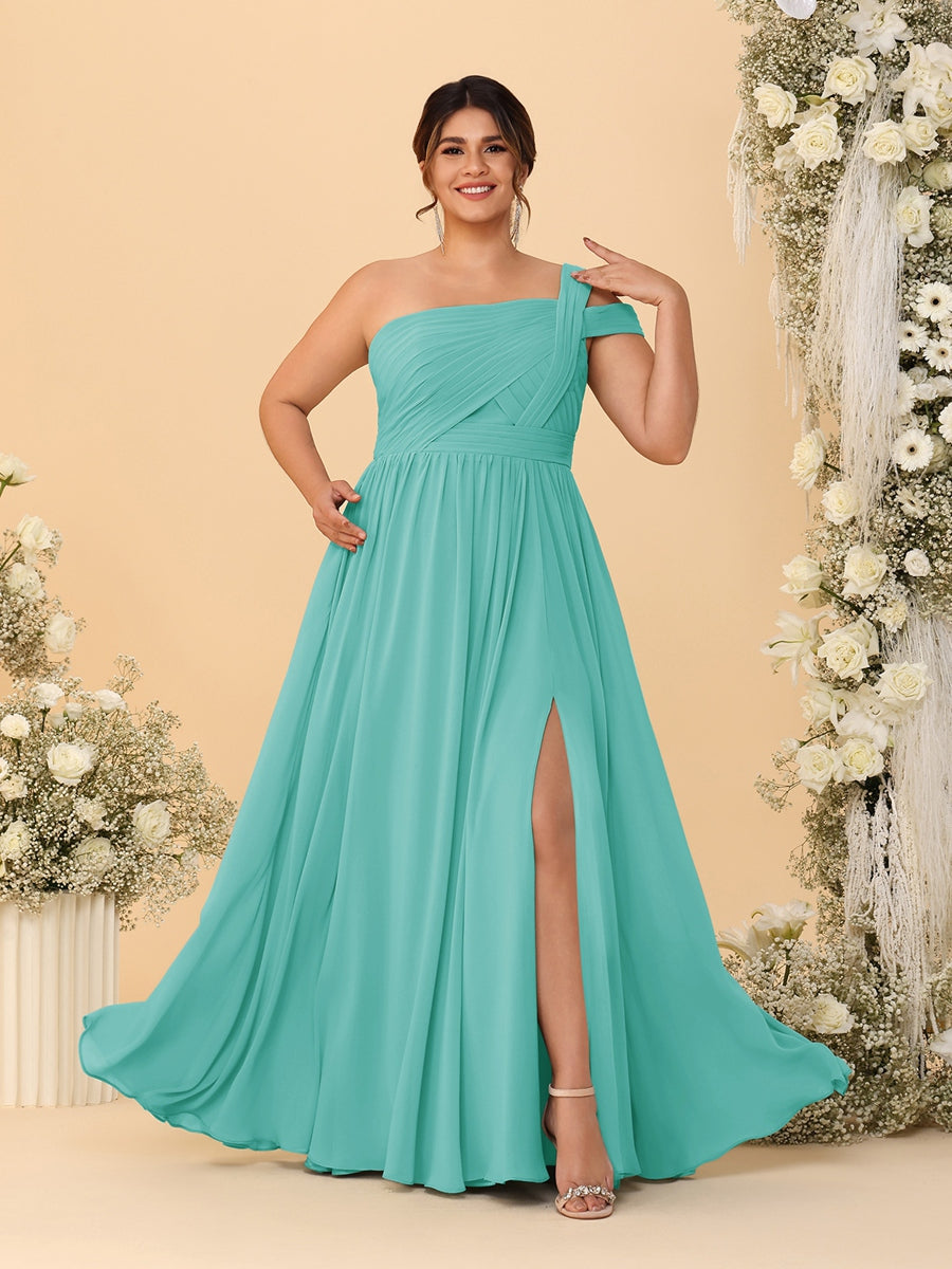 A-Line/Princess One-Shoulder Sleeveless Floor-Length Ruched Plus Size Bridesmaid Dresses With Side Slit - 画像 (30)