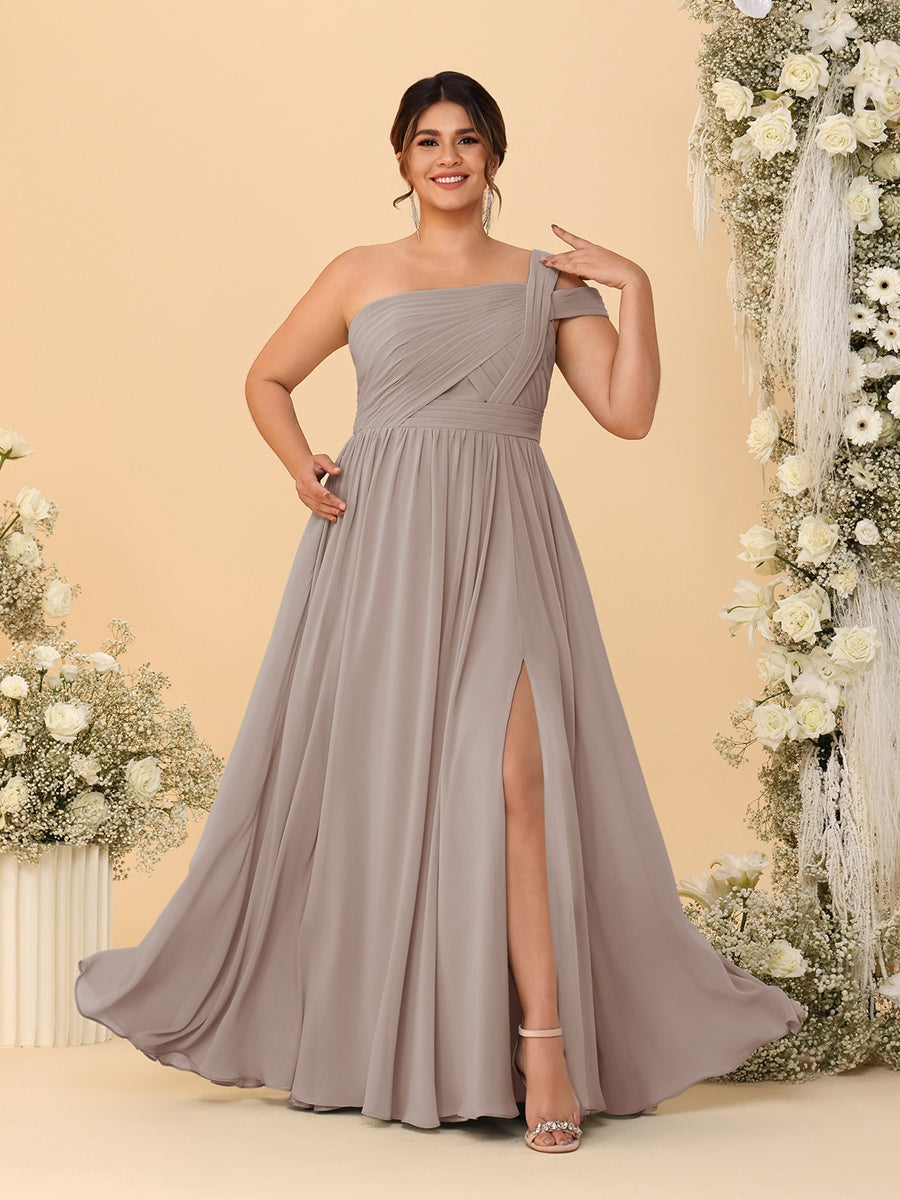 A-Line/Princess One-Shoulder Sleeveless Floor-Length Ruched Plus Size Bridesmaid Dresses With Side Slit - 画像 (32)