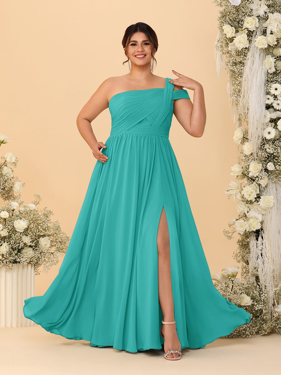 A-Line/Princess One-Shoulder Sleeveless Floor-Length Ruched Plus Size Bridesmaid Dresses With Side Slit - 画像 (73)