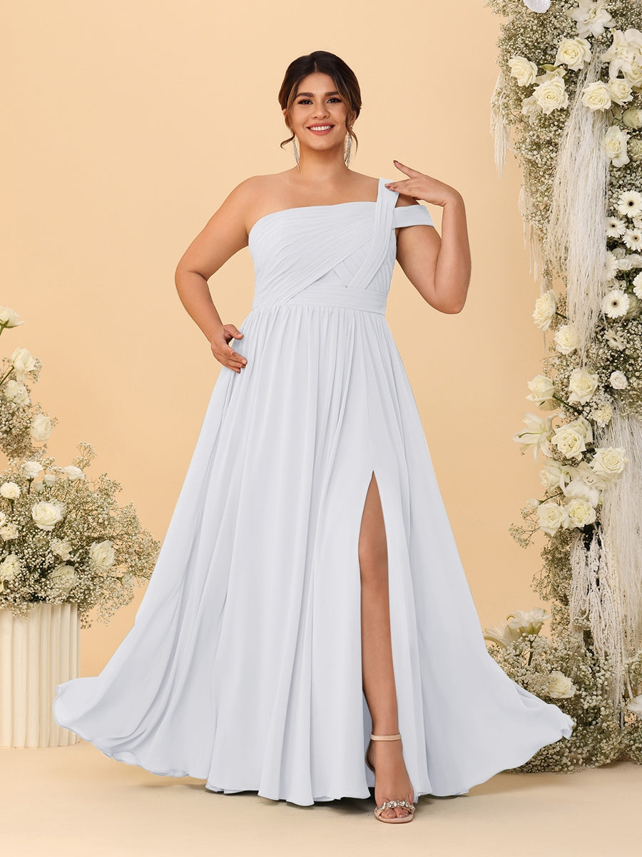 A-Line/Princess One-Shoulder Sleeveless Floor-Length Ruched Plus Size Bridesmaid Dresses With Side Slit - 画像 (74)