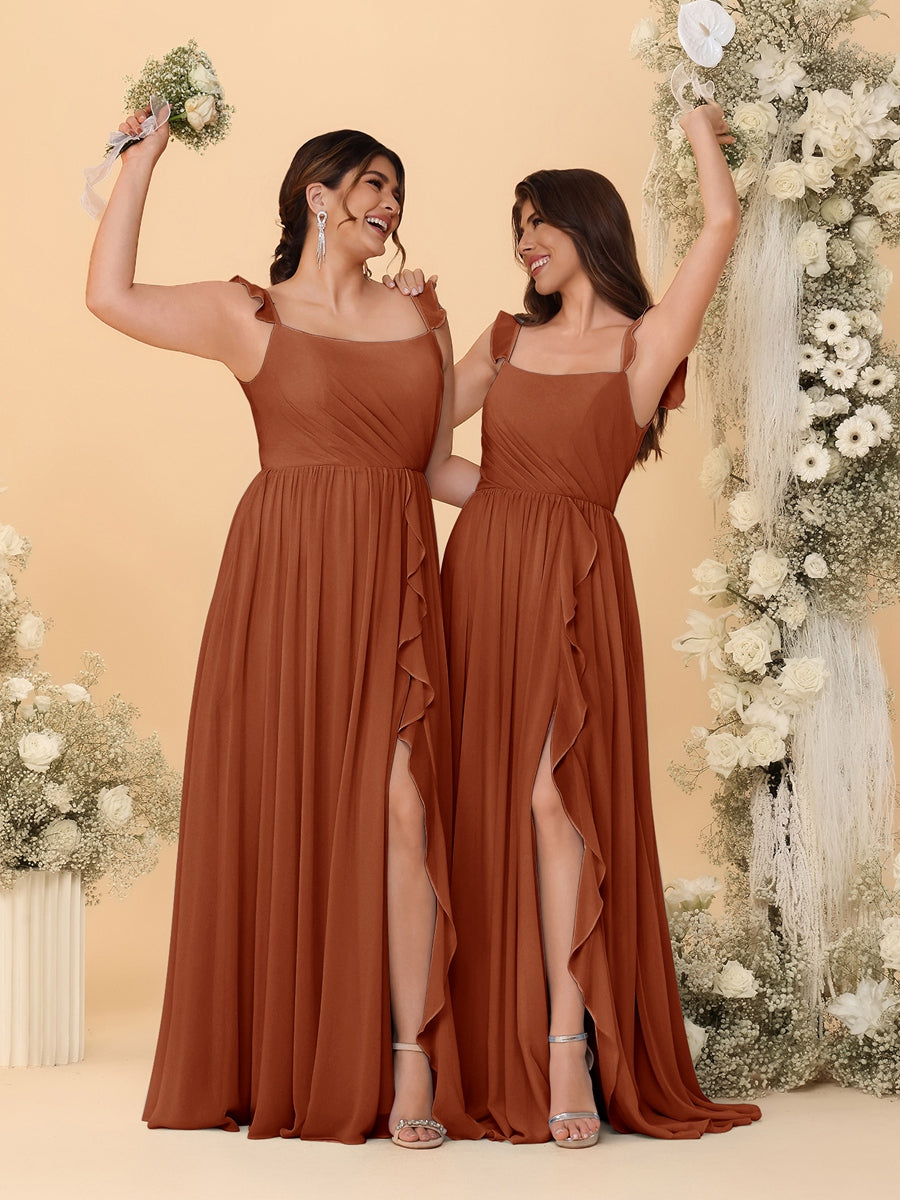 A-Line/Princess Square Neck Sleeveless Ruched Bridesmaid Dresses With Side Slit & Ruffles - Image 13