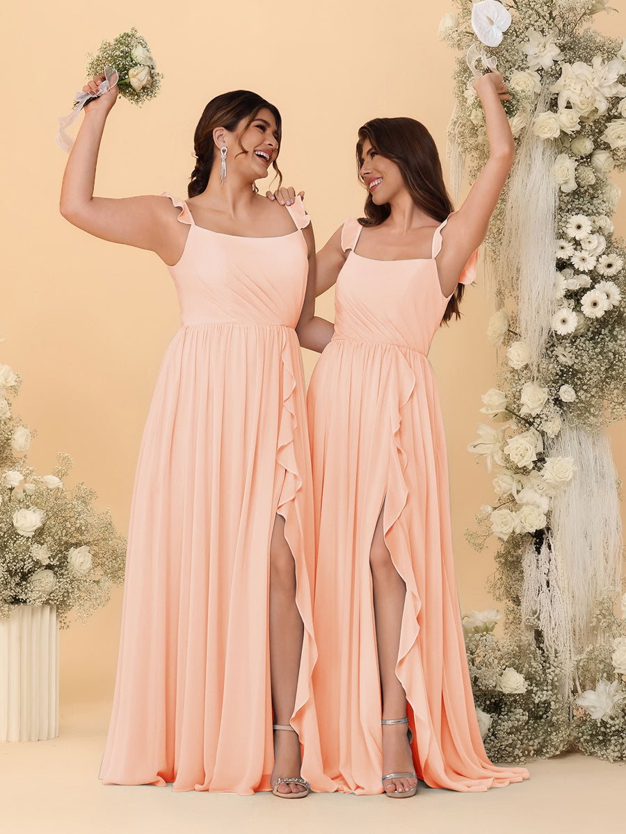 A-Line/Princess Square Neck Sleeveless Ruched Bridesmaid Dresses With Side Slit & Ruffles - Image 53