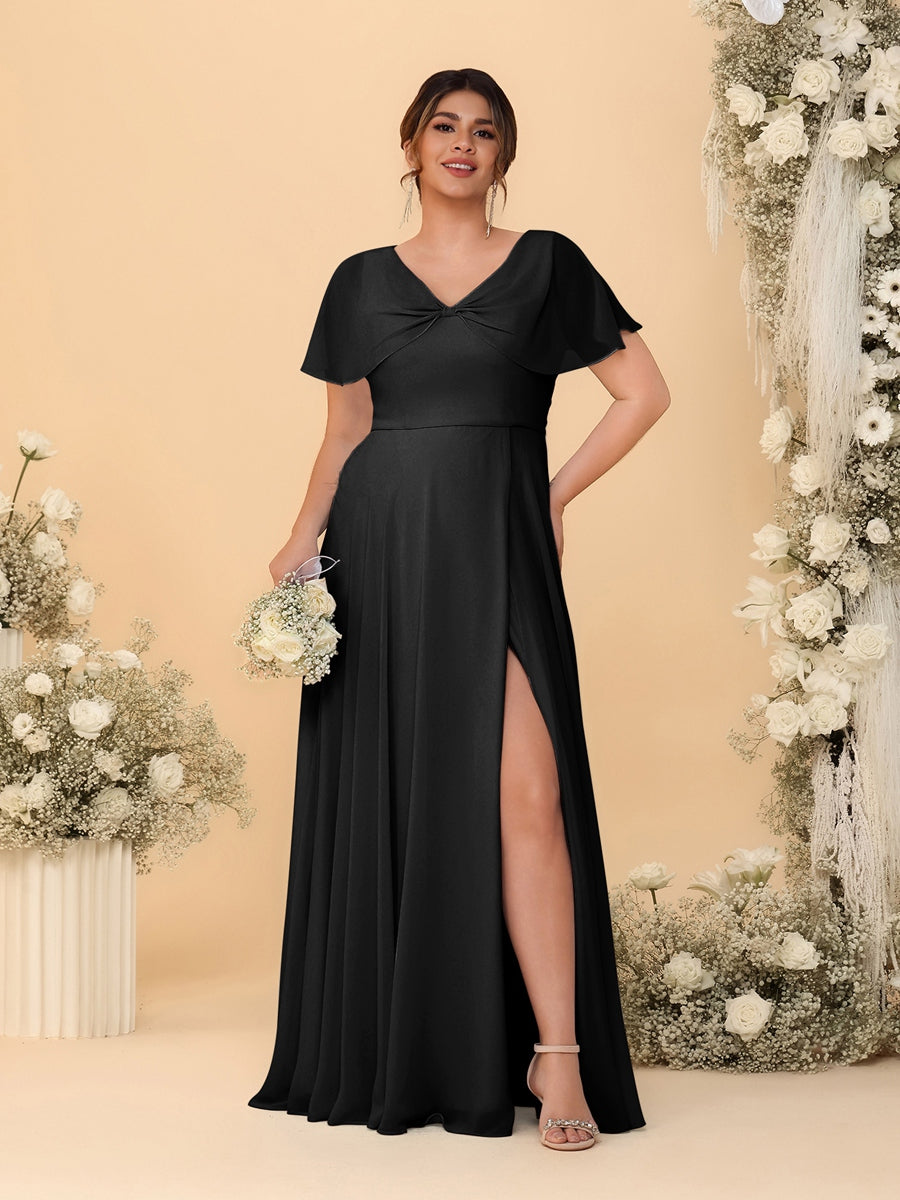 A-Line/Princess V-Neck Short Sleeves Plus Size Bridesmaid Dresses With Side Slit - Image 6