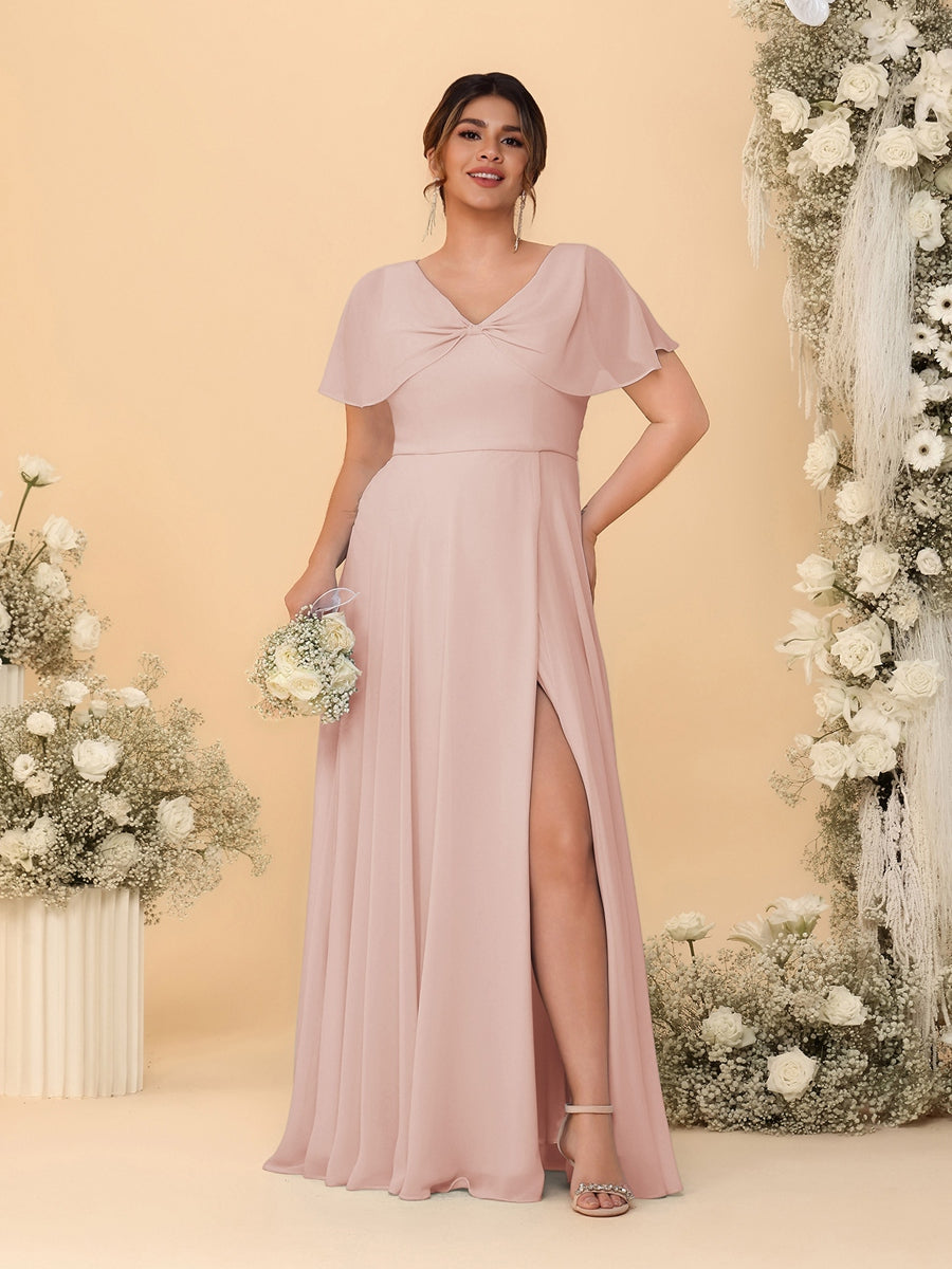 A-Line/Princess V-Neck Short Sleeves Plus Size Bridesmaid Dresses With Side Slit - Image 7