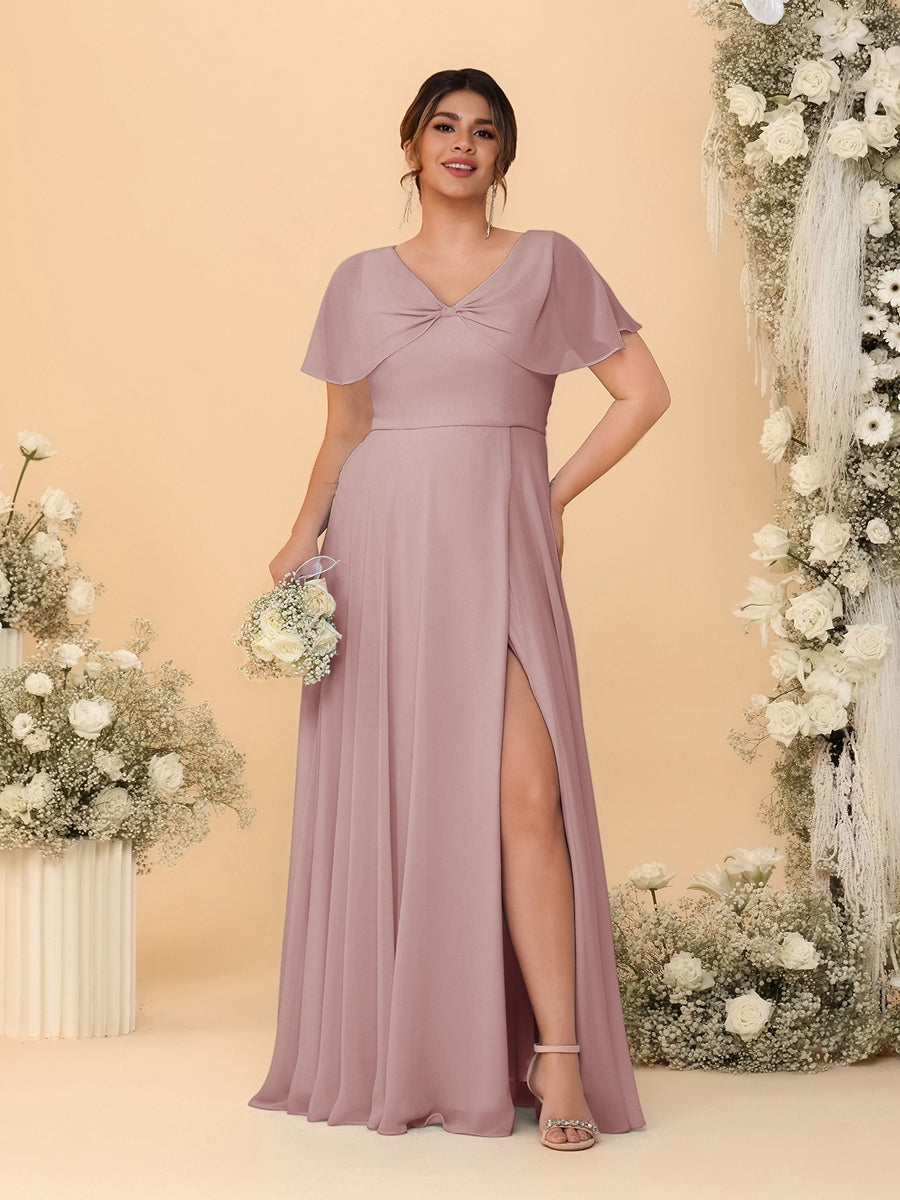 A-Line/Princess V-Neck Short Sleeves Plus Size Bridesmaid Dresses With Side Slit - Image 17