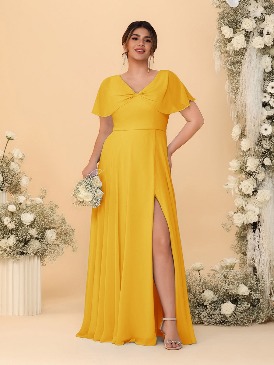 A-Line/Princess V-Neck Short Sleeves Plus Size Bridesmaid Dresses With Side Slit - Image 25