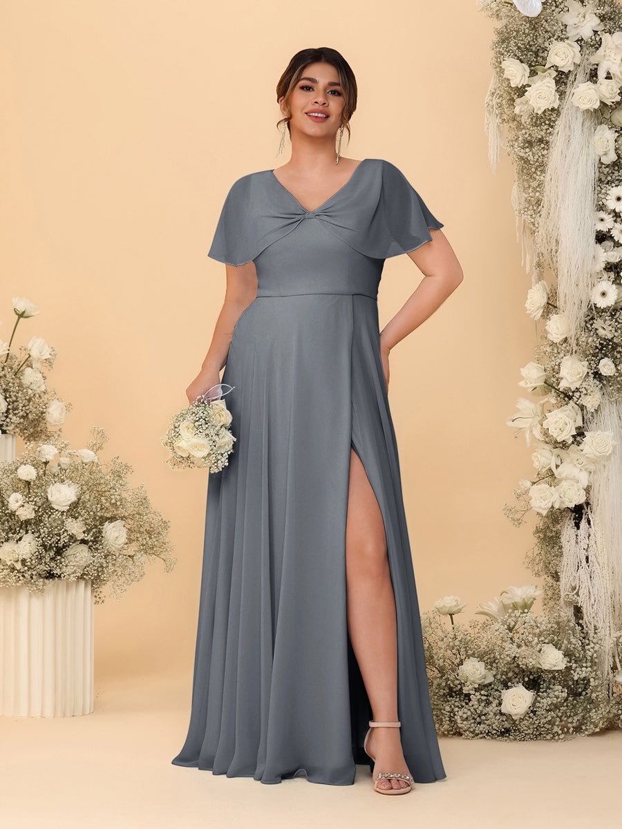A-Line/Princess V-Neck Short Sleeves Plus Size Bridesmaid Dresses With Side Slit - Image 27