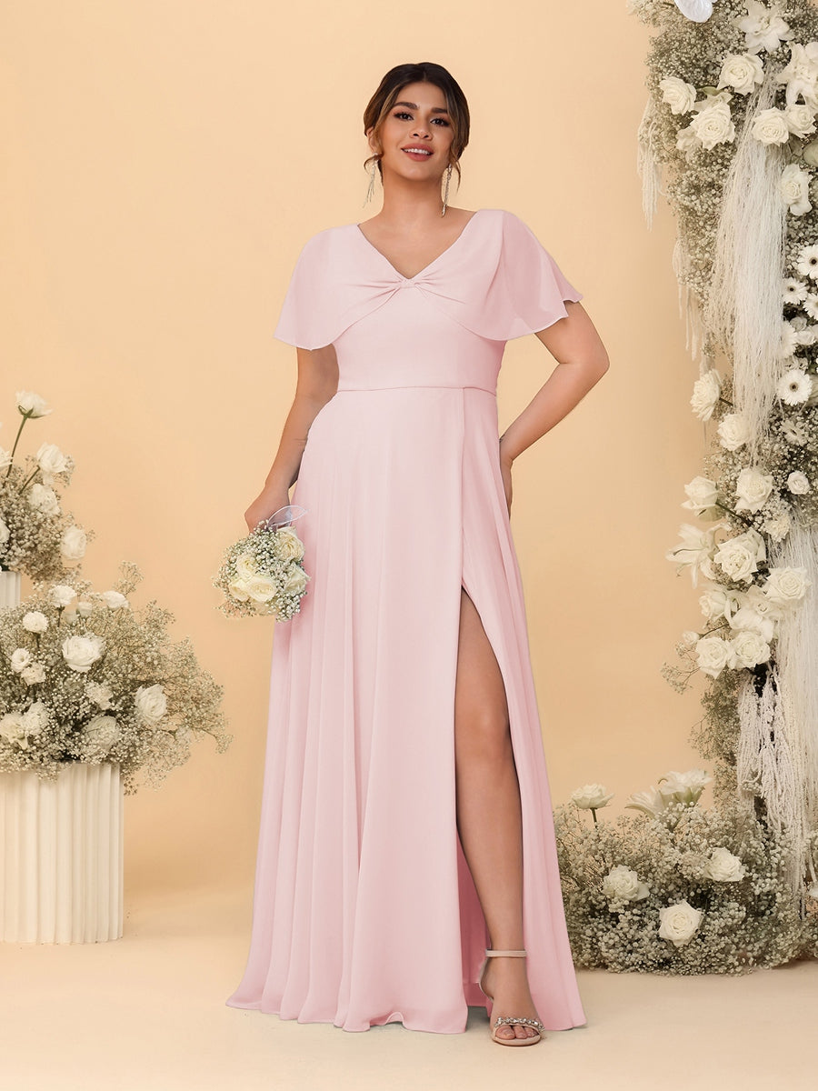 A-Line/Princess V-Neck Short Sleeves Plus Size Bridesmaid Dresses With Side Slit - Image 34