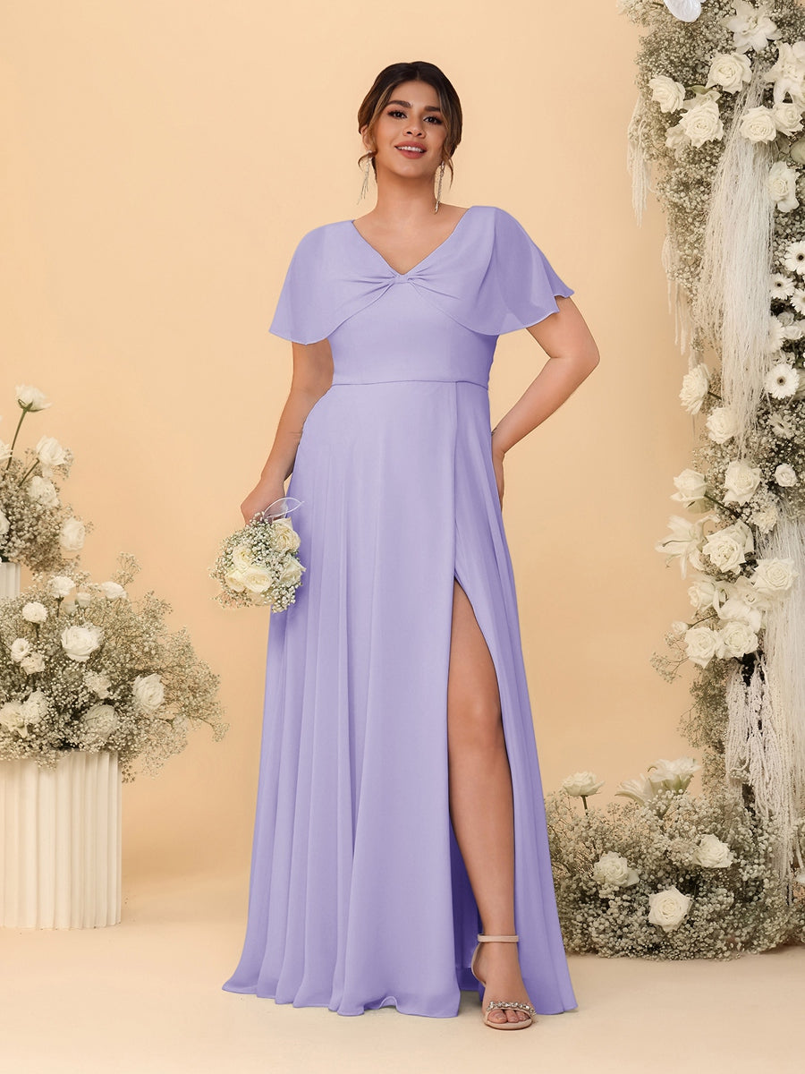 A-Line/Princess V-Neck Short Sleeves Plus Size Bridesmaid Dresses With Side Slit - Image 38