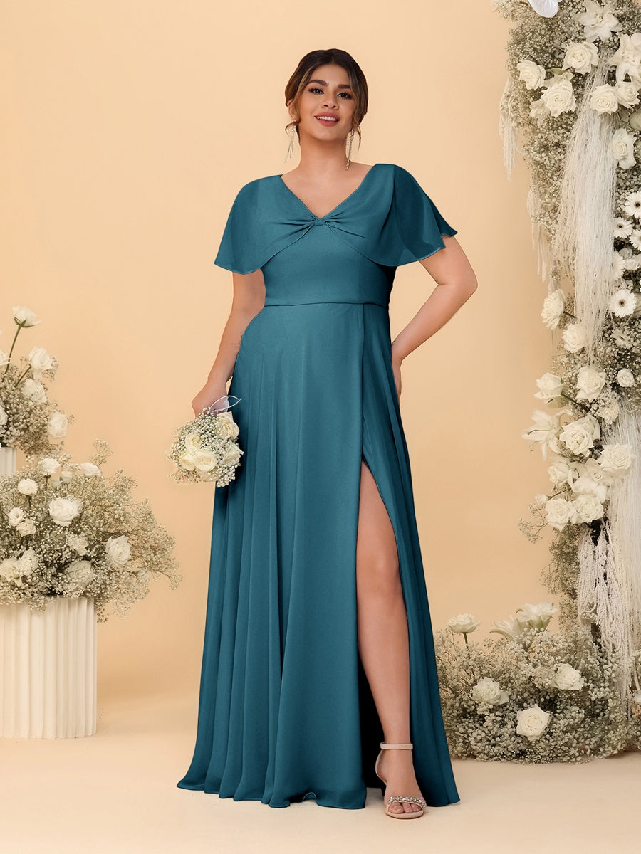 A-Line/Princess V-Neck Short Sleeves Plus Size Bridesmaid Dresses With Side Slit - Image 68