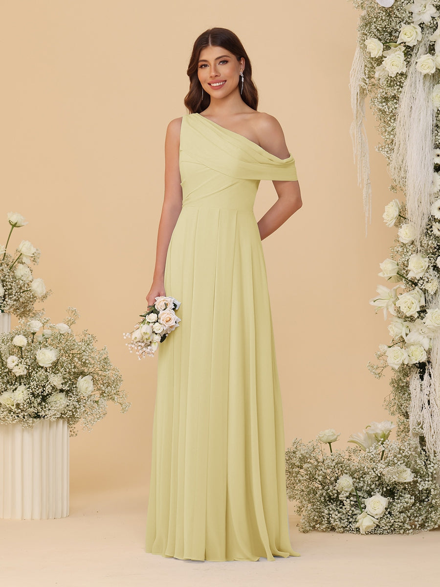 A-Line/Princess One-Shoulder Floor-Length Bridesmaid Dresses With Watteau Train - 画像 (73)