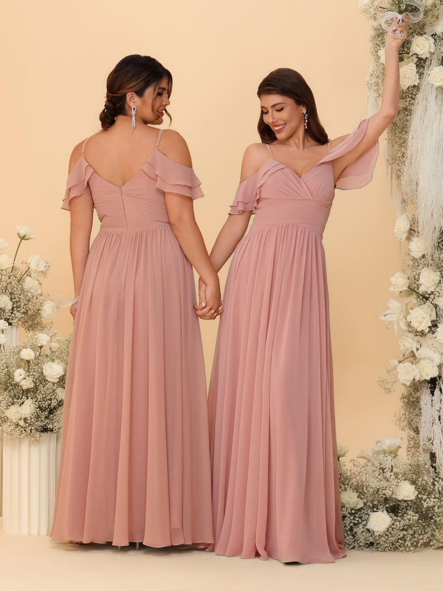 A-Line/Princess V-Neck Spaghetti Straps Chiffon Ruched Bridesmaid Dresses - 이미지 2