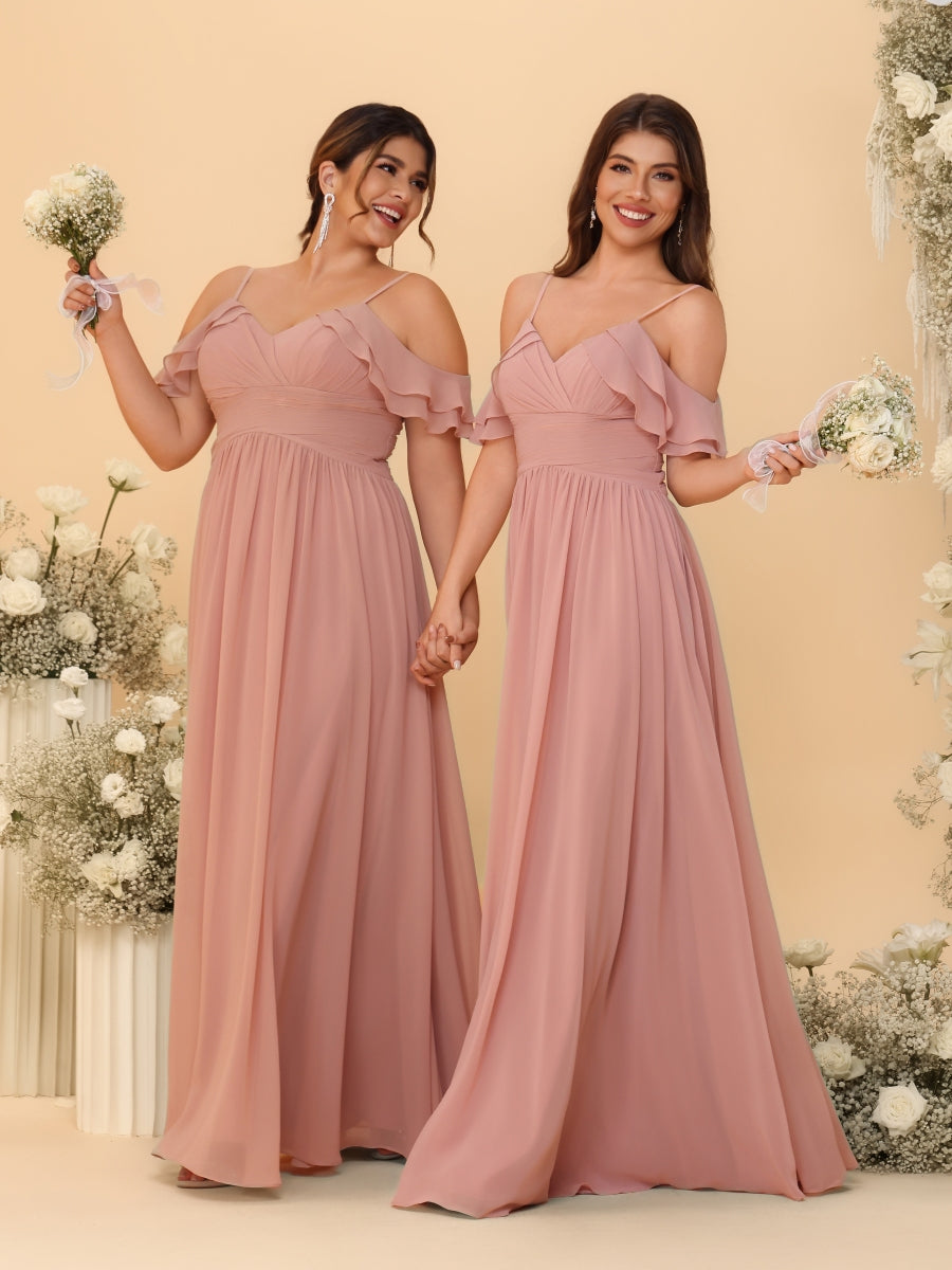A-Line/Princess V-Neck Spaghetti Straps Chiffon Ruched Bridesmaid Dresses - 이미지 5