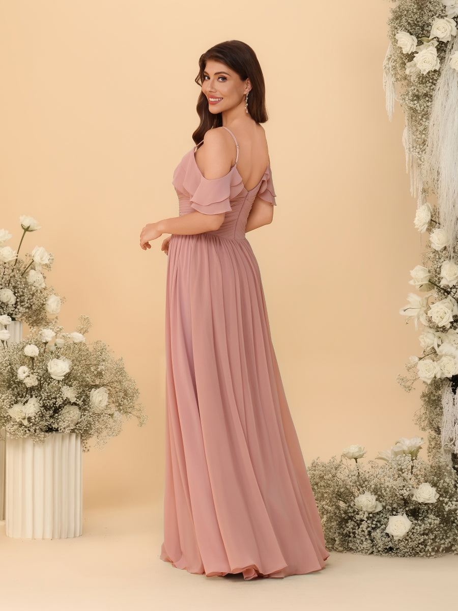 A-Line/Princess V-Neck Spaghetti Straps Chiffon Ruched Bridesmaid Dresses - 이미지 8