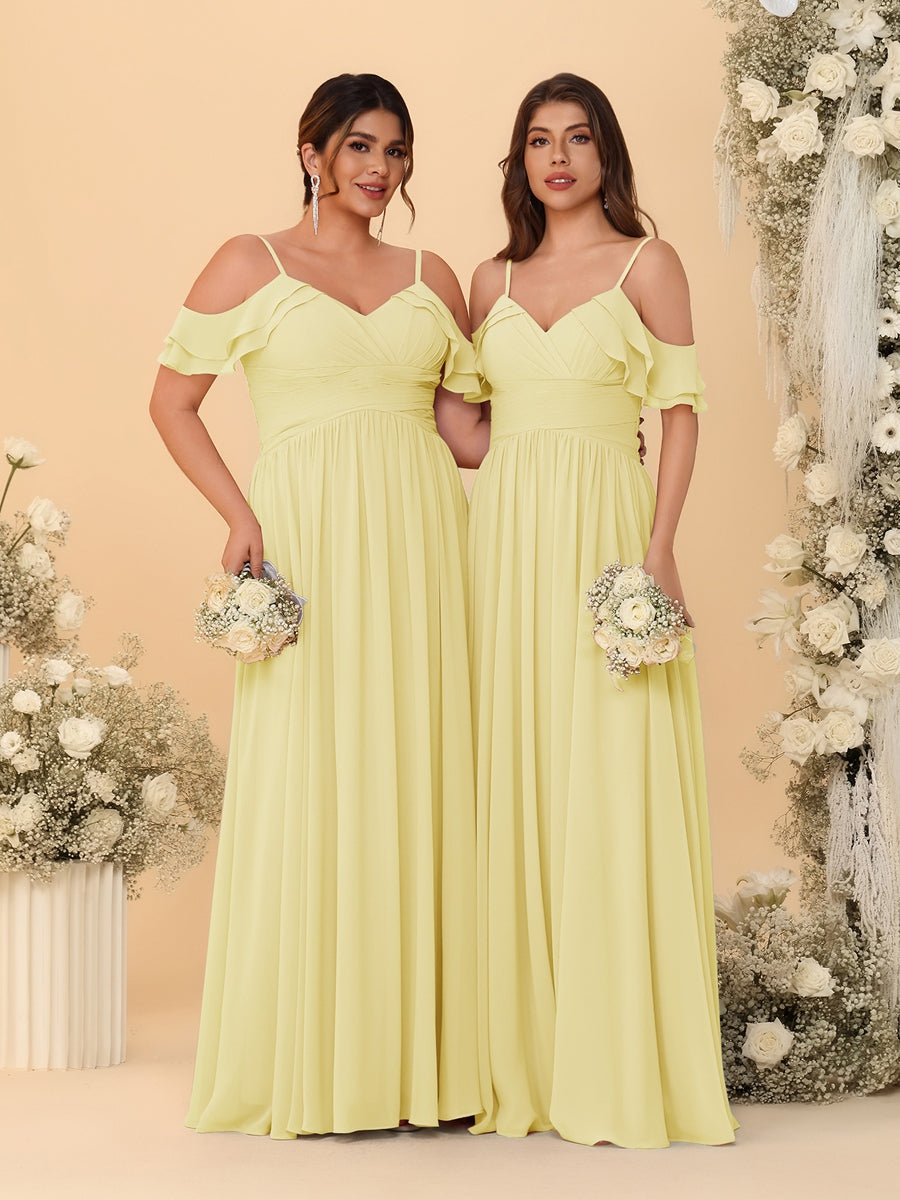 A-Line/Princess V-Neck Spaghetti Straps Chiffon Ruched Bridesmaid Dresses - 이미지 15
