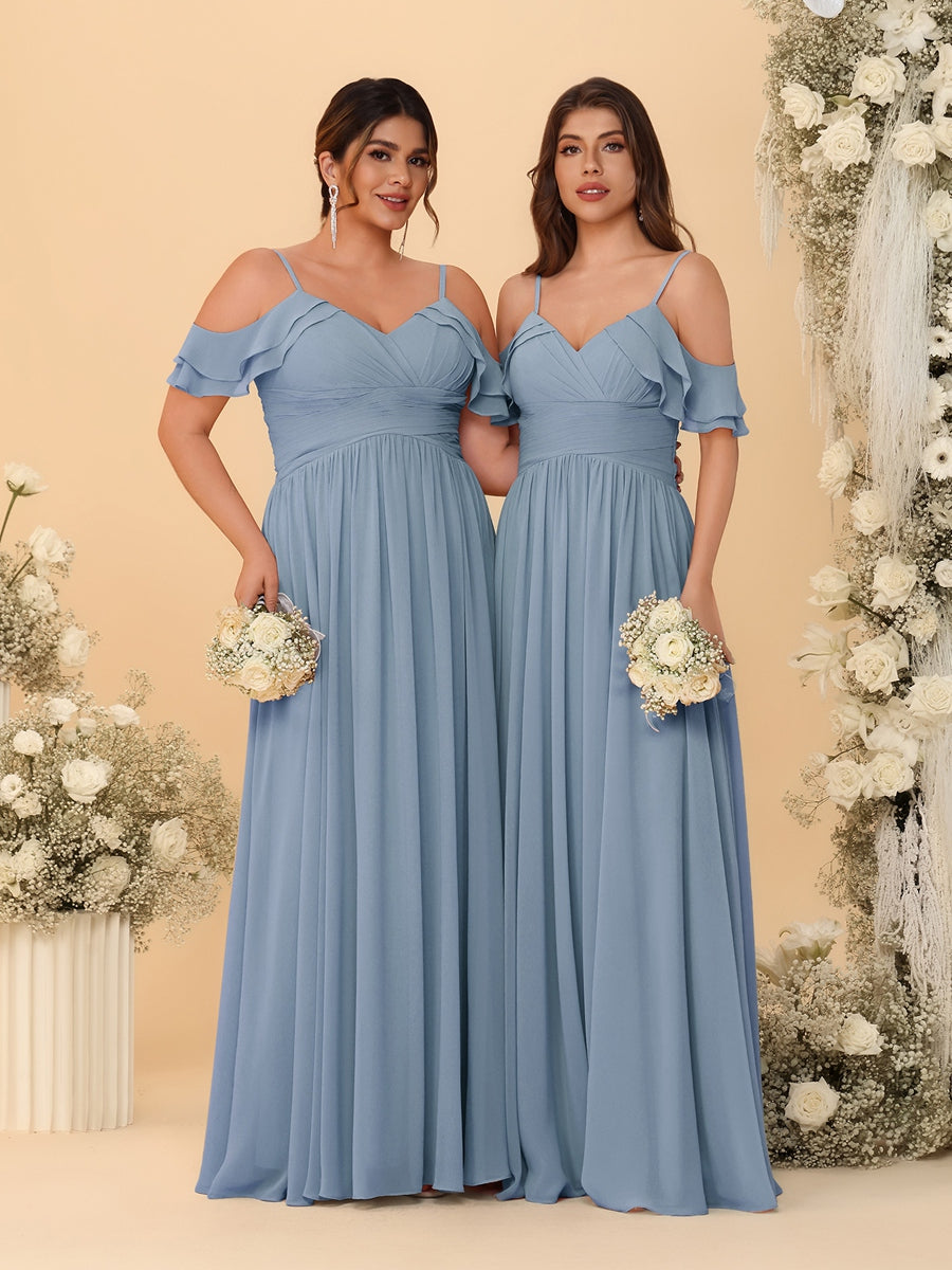 A-Line/Princess V-Neck Spaghetti Straps Chiffon Ruched Bridesmaid Dresses - 이미지 20