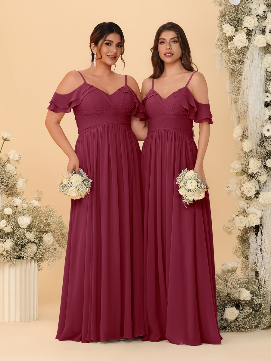 A-Line/Princess V-Neck Spaghetti Straps Chiffon Ruched Bridesmaid Dresses - 이미지 36