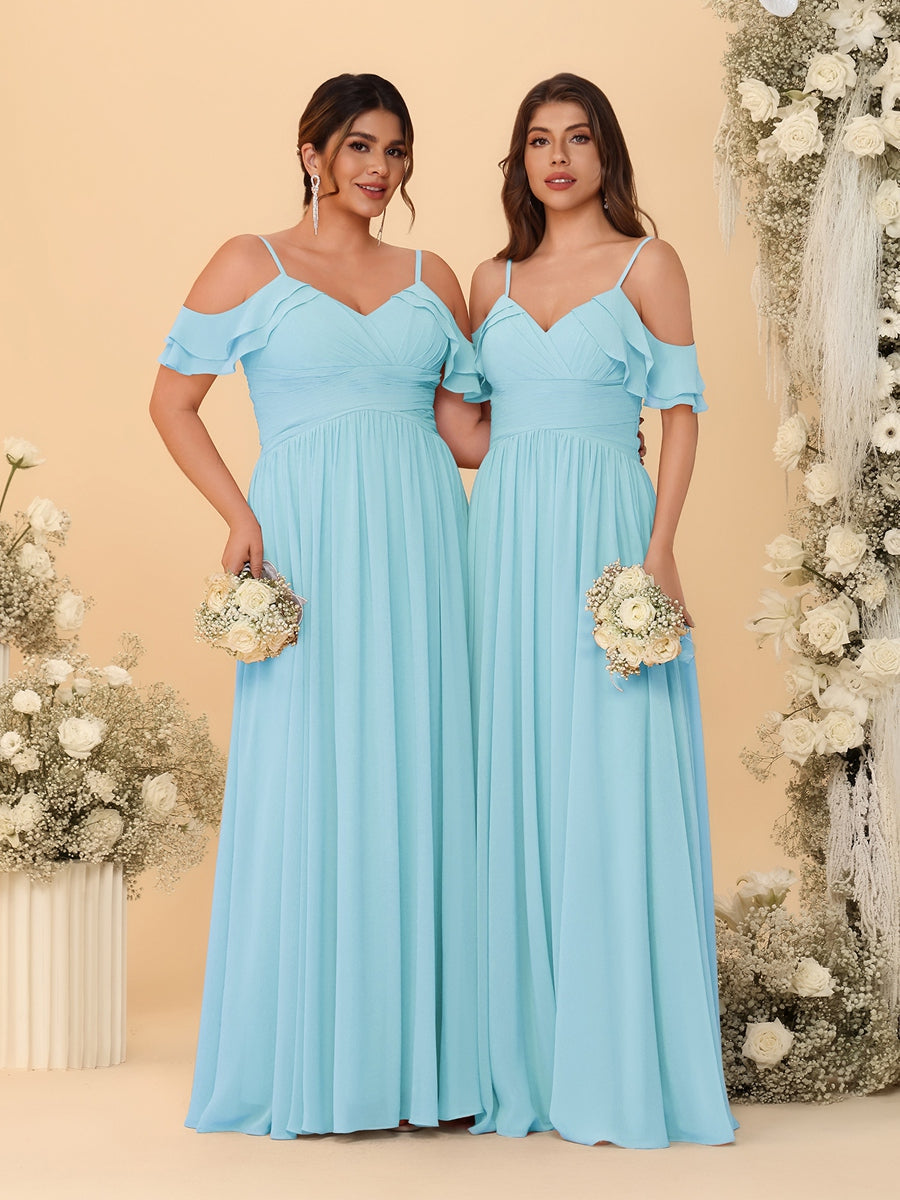 A-Line/Princess V-Neck Spaghetti Straps Chiffon Ruched Bridesmaid Dresses - 이미지 41