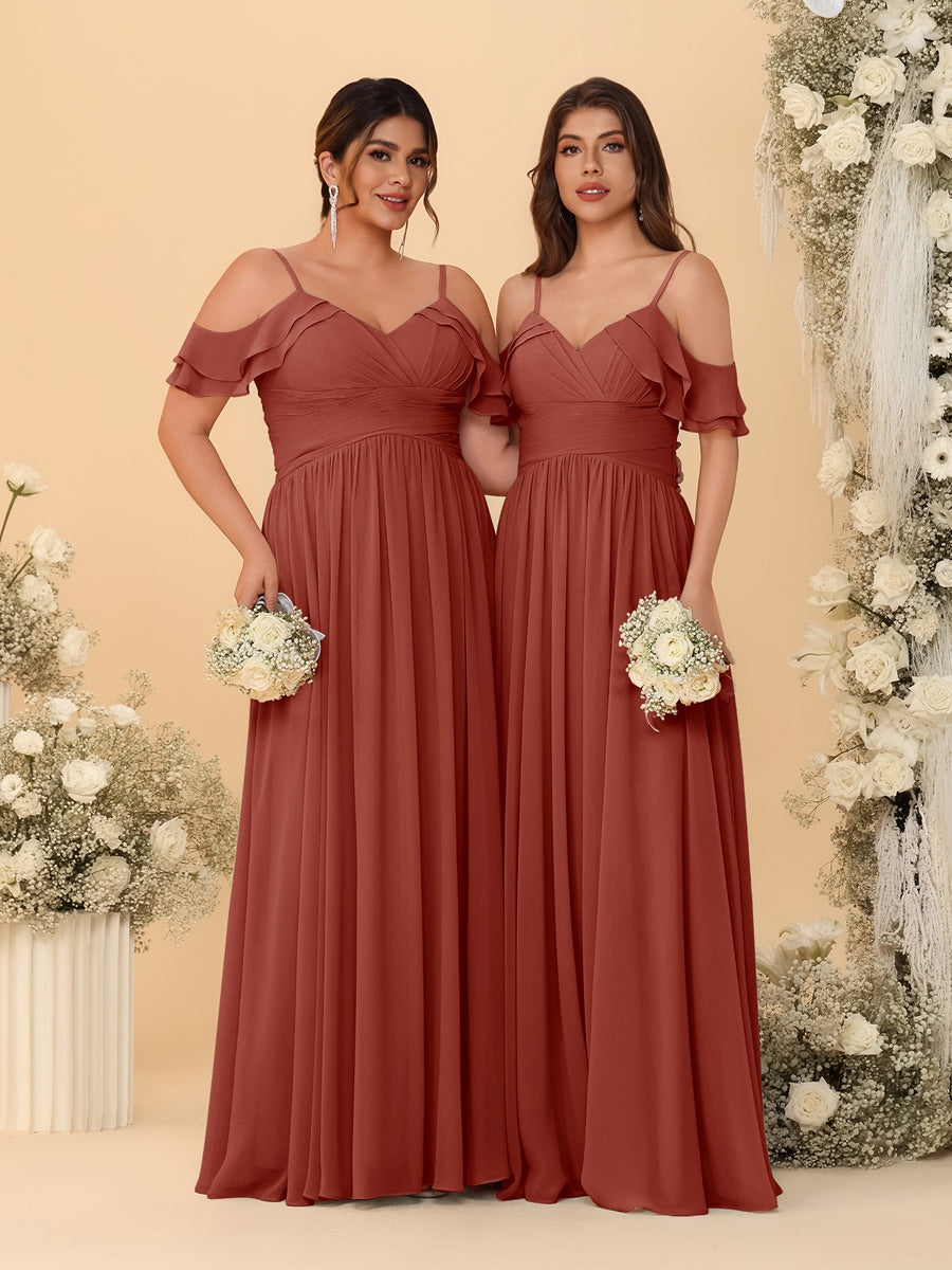 A-Line/Princess V-Neck Spaghetti Straps Chiffon Ruched Bridesmaid Dresses - 이미지 62