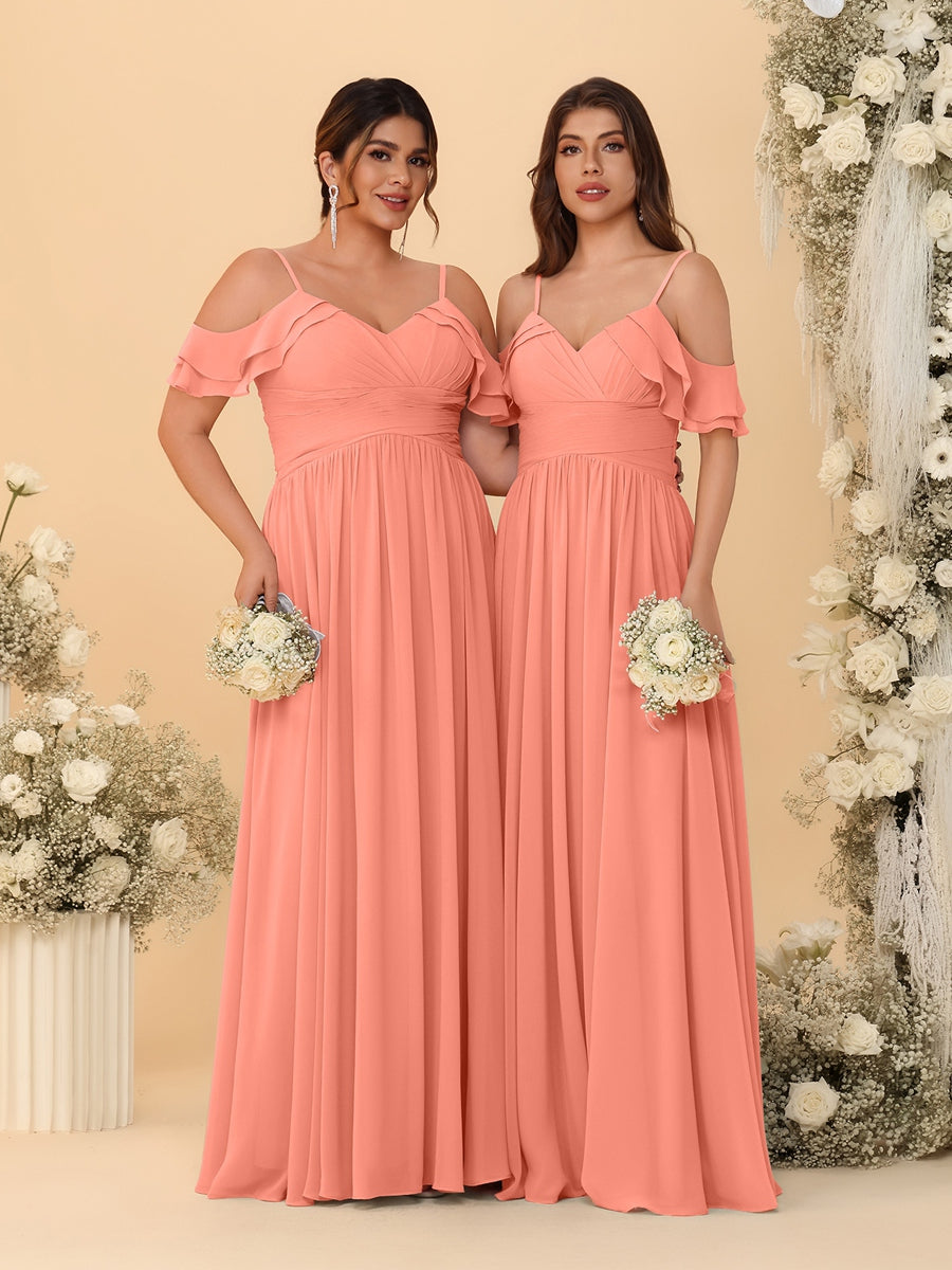 A-Line/Princess V-Neck Spaghetti Straps Chiffon Ruched Bridesmaid Dresses - 이미지 64