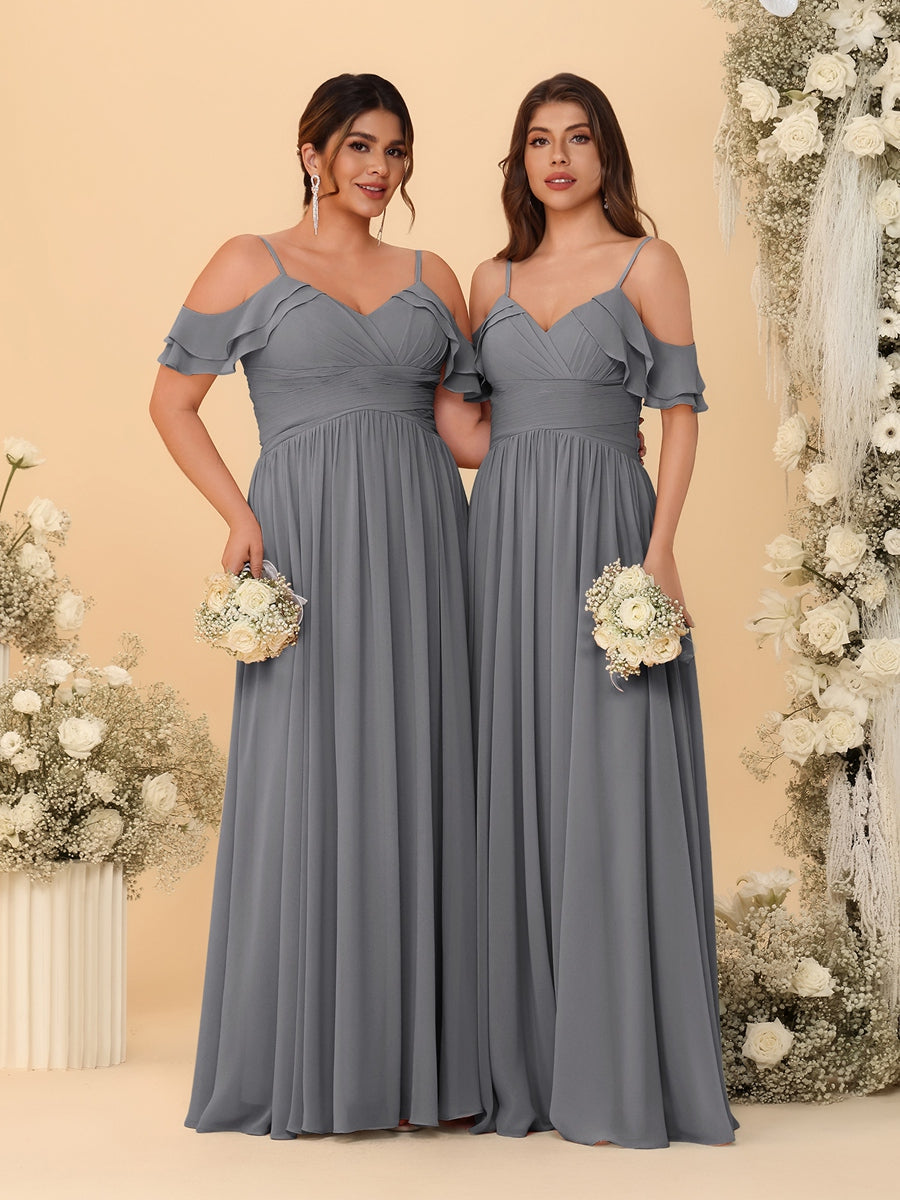 A-Line/Princess V-Neck Spaghetti Straps Chiffon Ruched Bridesmaid Dresses - 이미지 66