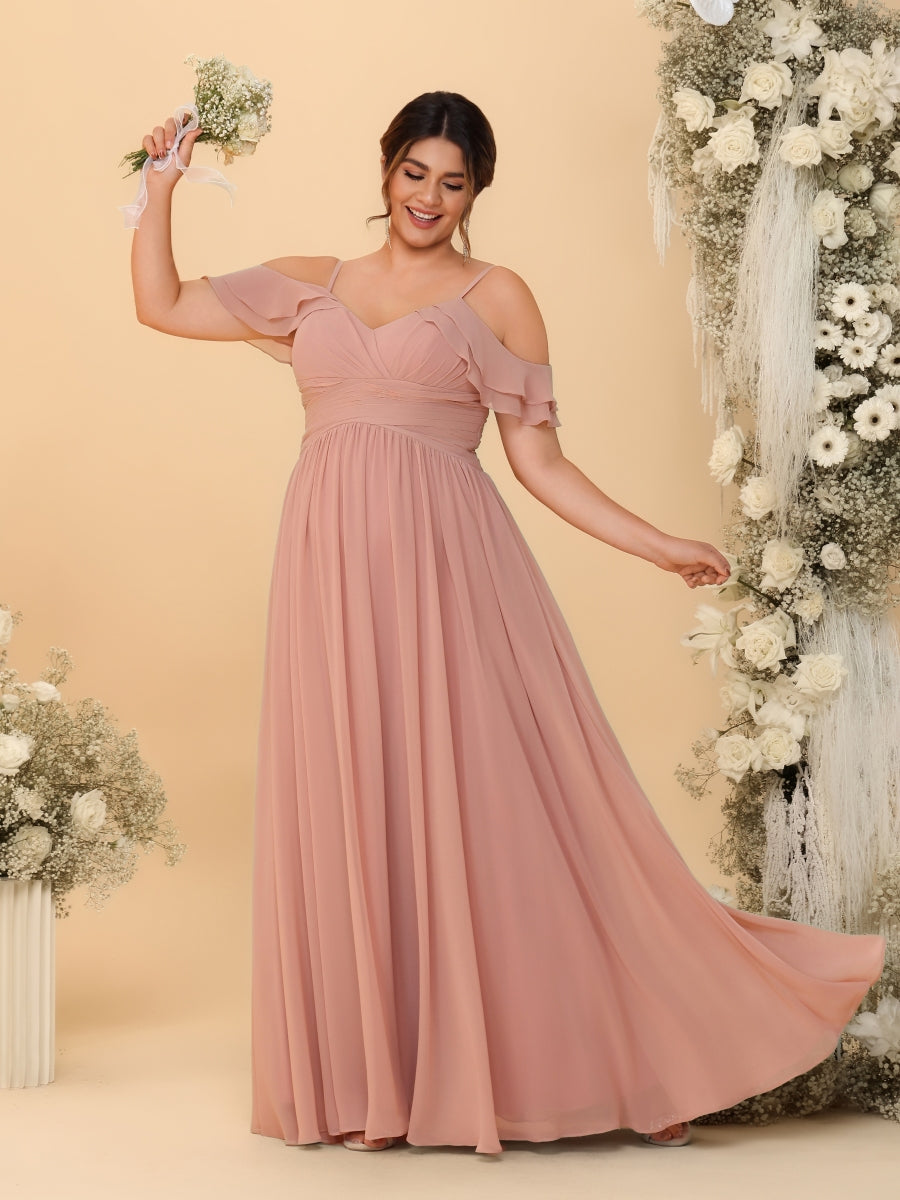 A-Line/Princess V-Neck Spaghetti Straps Chiffon Ruched Plus Size Bridesmaid Dresses - Image 4