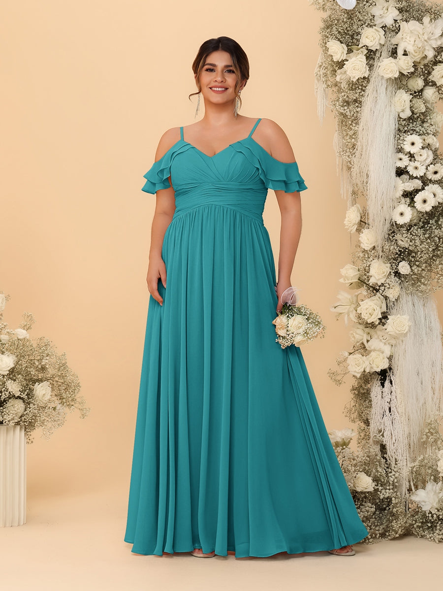 A-Line/Princess V-Neck Spaghetti Straps Chiffon Ruched Plus Size Bridesmaid Dresses - Image 5