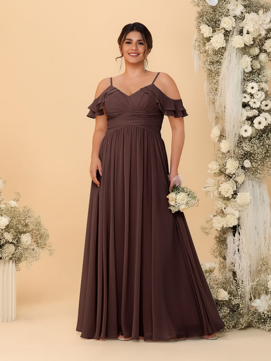 A-Line/Princess V-Neck Spaghetti Straps Chiffon Ruched Plus Size Bridesmaid Dresses - Image 8