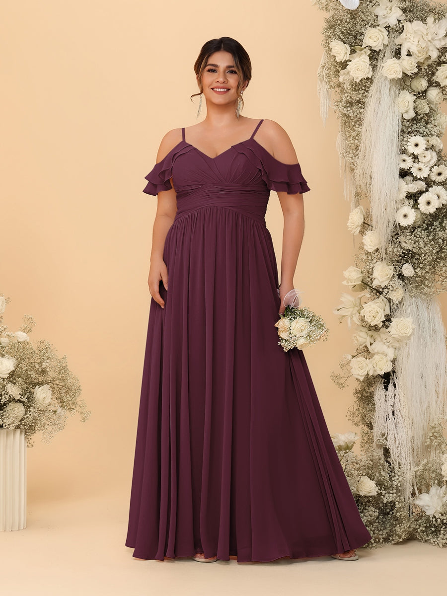 A-Line/Princess V-Neck Spaghetti Straps Chiffon Ruched Plus Size Bridesmaid Dresses - Image 9