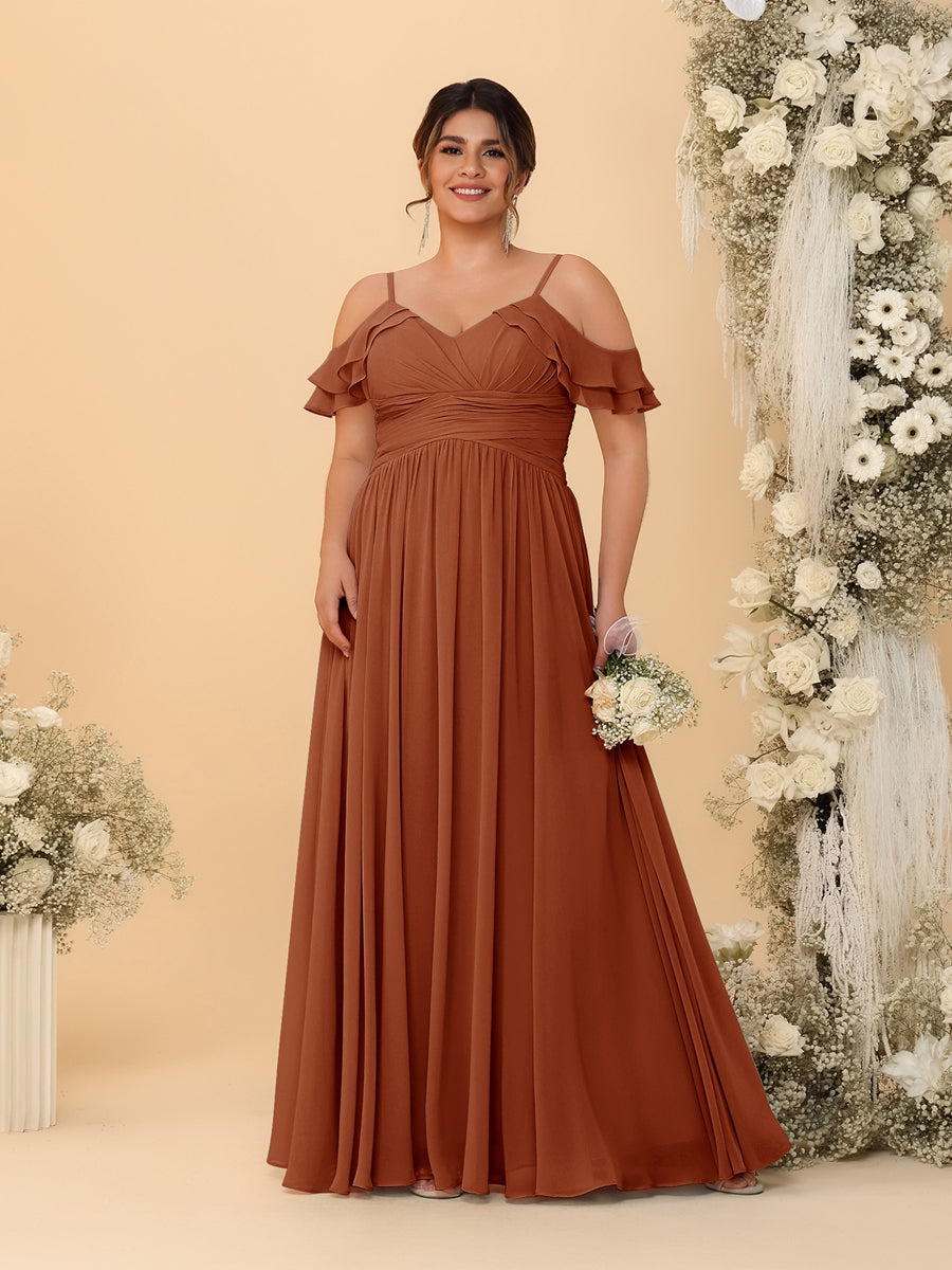 A-Line/Princess V-Neck Spaghetti Straps Chiffon Ruched Plus Size Bridesmaid Dresses - Image 10