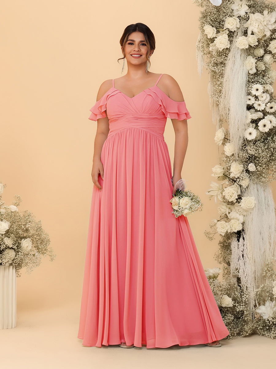 A-Line/Princess V-Neck Spaghetti Straps Chiffon Ruched Plus Size Bridesmaid Dresses - Image 13