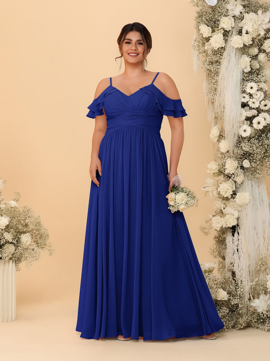 A-Line/Princess V-Neck Spaghetti Straps Chiffon Ruched Plus Size Bridesmaid Dresses - Image 15