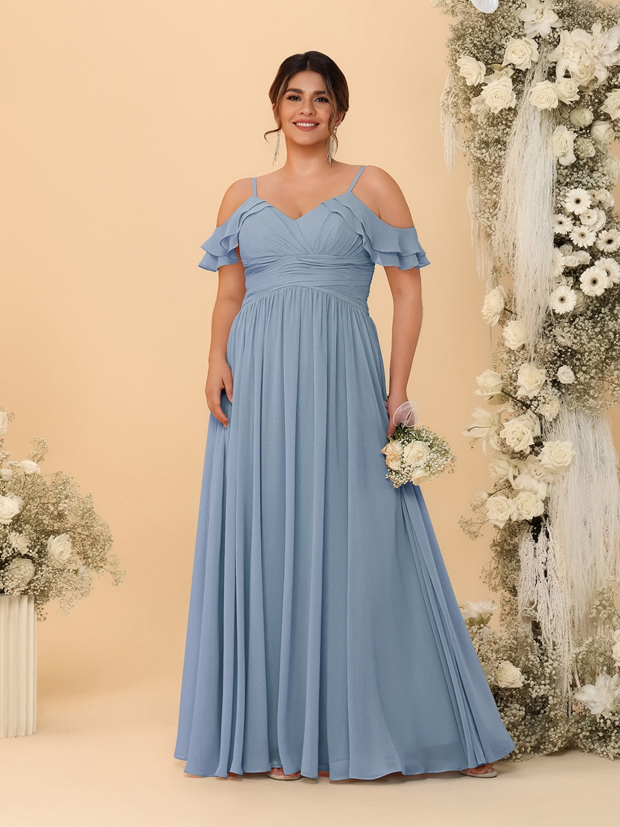 A-Line/Princess V-Neck Spaghetti Straps Chiffon Ruched Plus Size Bridesmaid Dresses - Image 16