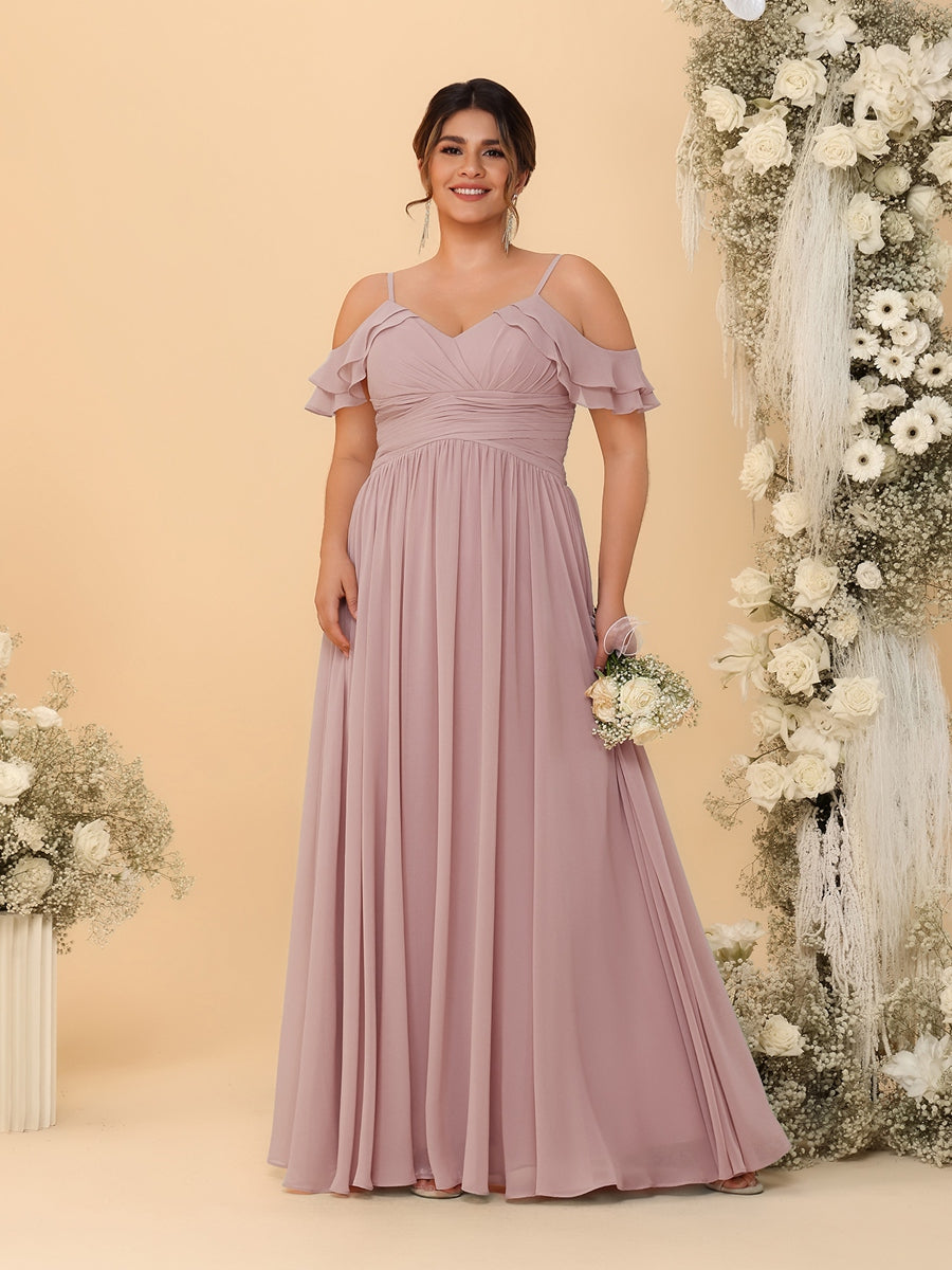 A-Line/Princess V-Neck Spaghetti Straps Chiffon Ruched Plus Size Bridesmaid Dresses - Image 17