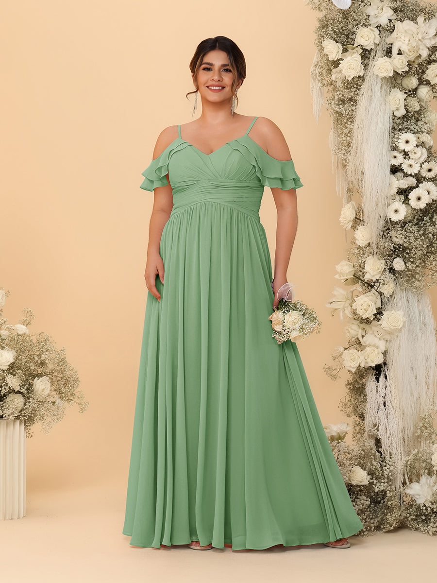 A-Line/Princess V-Neck Spaghetti Straps Chiffon Ruched Plus Size Bridesmaid Dresses - Image 19
