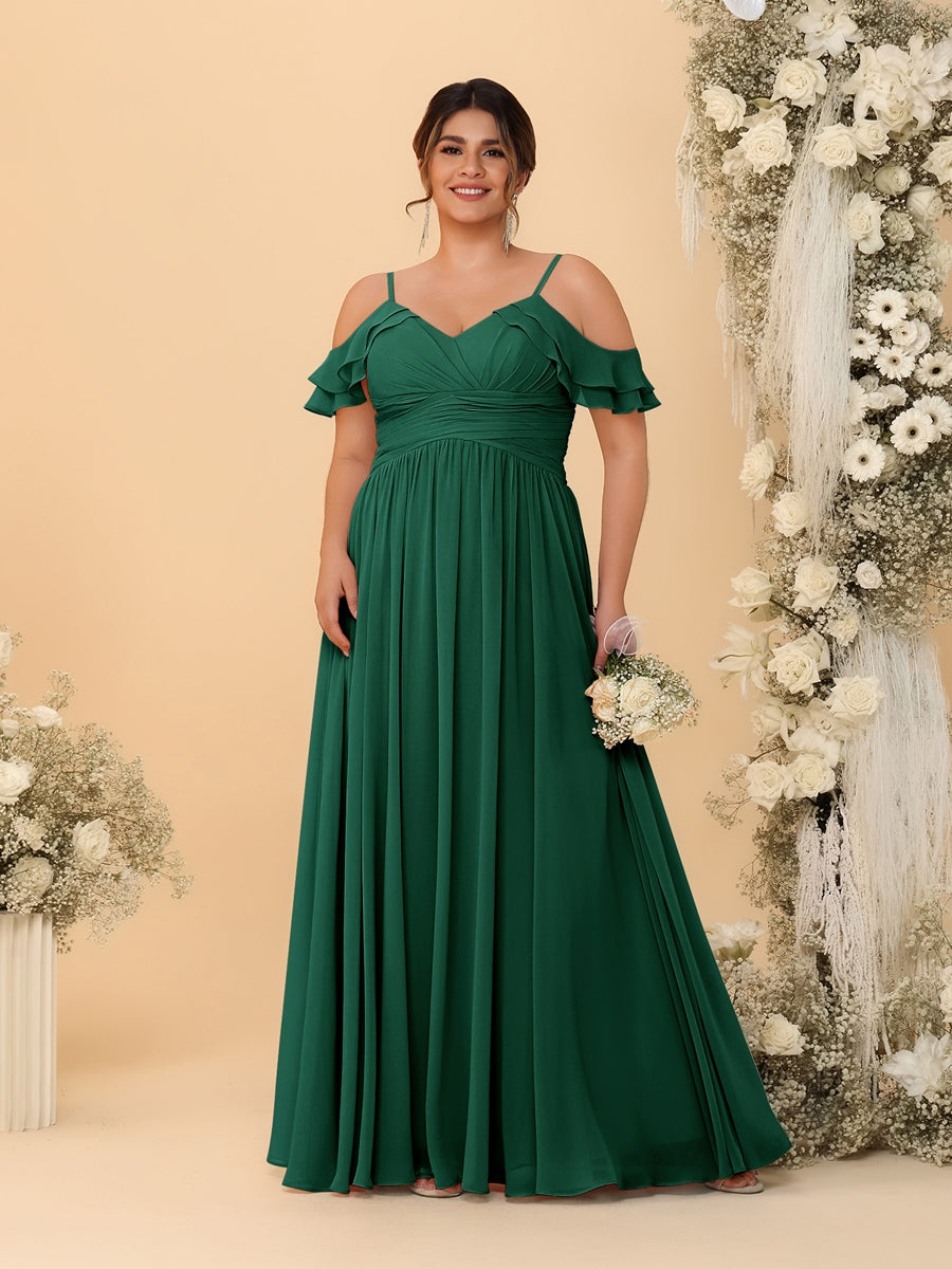 A-Line/Princess V-Neck Spaghetti Straps Chiffon Ruched Plus Size Bridesmaid Dresses - Image 20